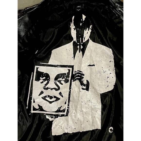 Obey Worldwide Leather Moto Jacket M Shepard Fairey Inner Art Black Biker Rare - Picture 8 of 11